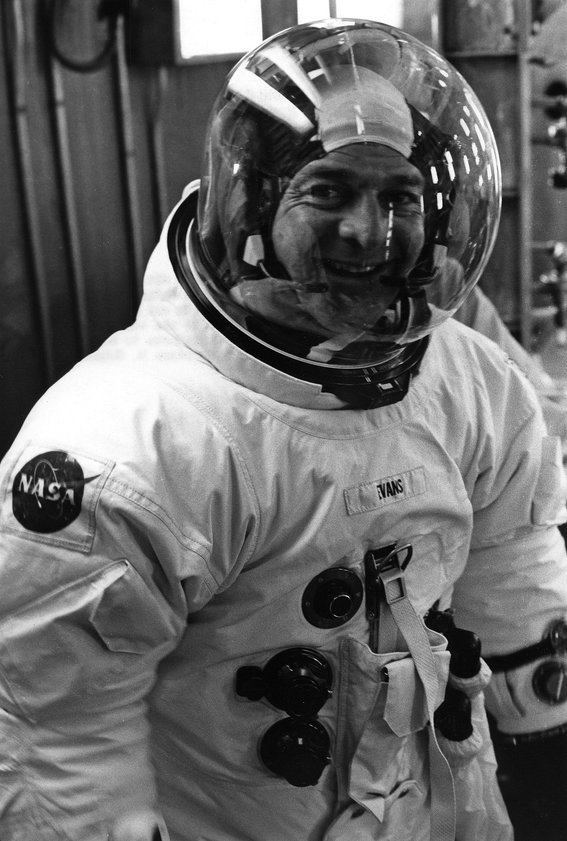 Ron Evans suited for a Command Module altitude chamber test on July 31, 1972. Credit: NASA