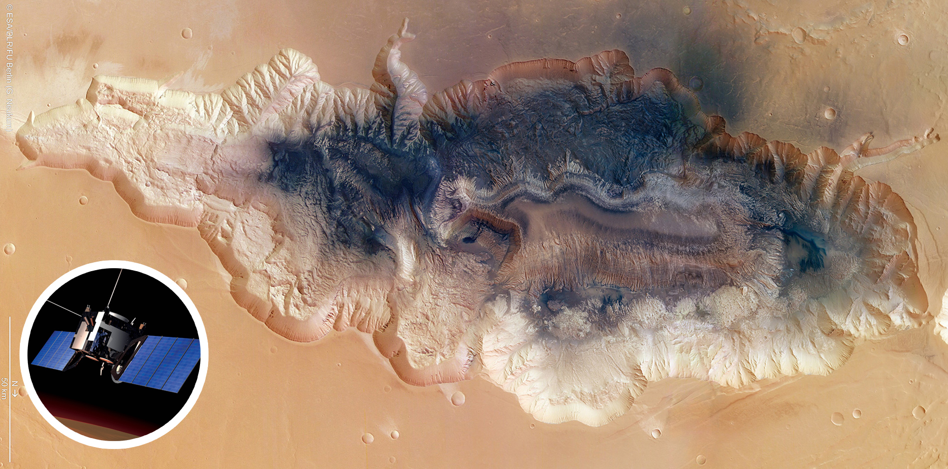 Hebes Chasma photographed by Mars Express (ESA/DLR/FU Berlin/G. Neukum), with inset rendering of Mars Express (ESA/Medialab)