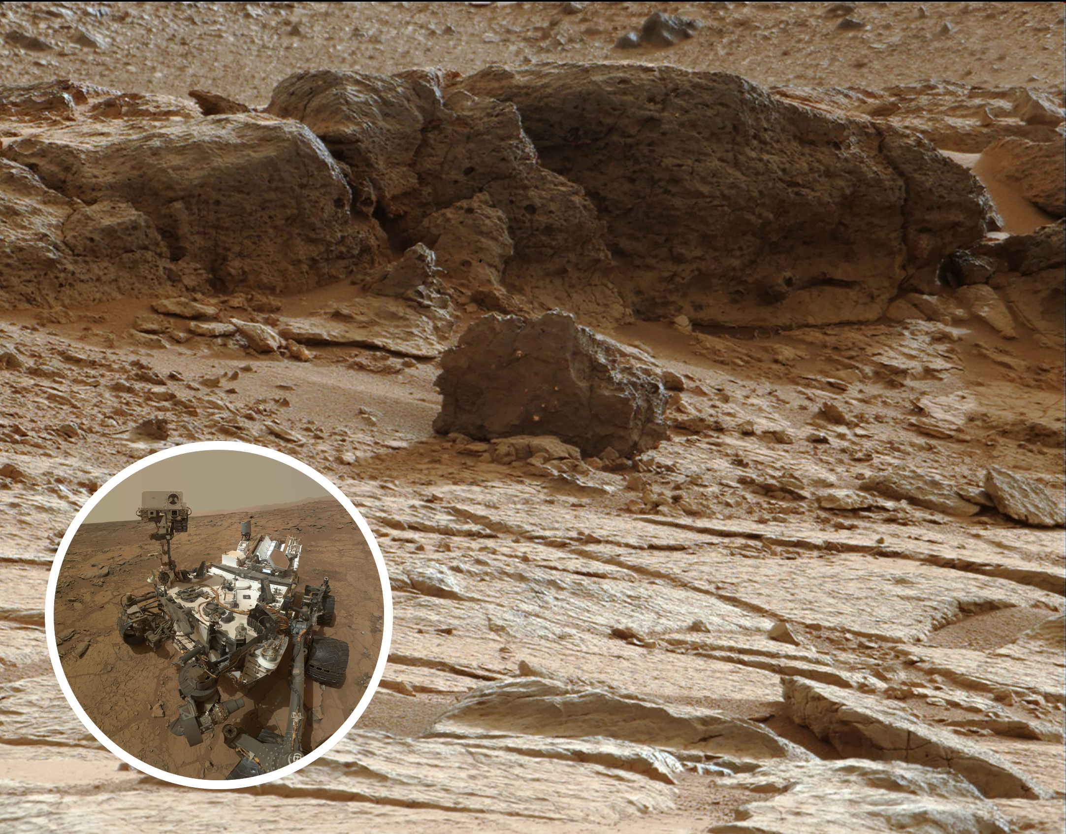 Point Lake Outcrop in Gale Crater (NASA/JPL-Caltech/MSSS), with inset self portrait of Curiosity (NASA/JPL-Caltech/MSSS)
