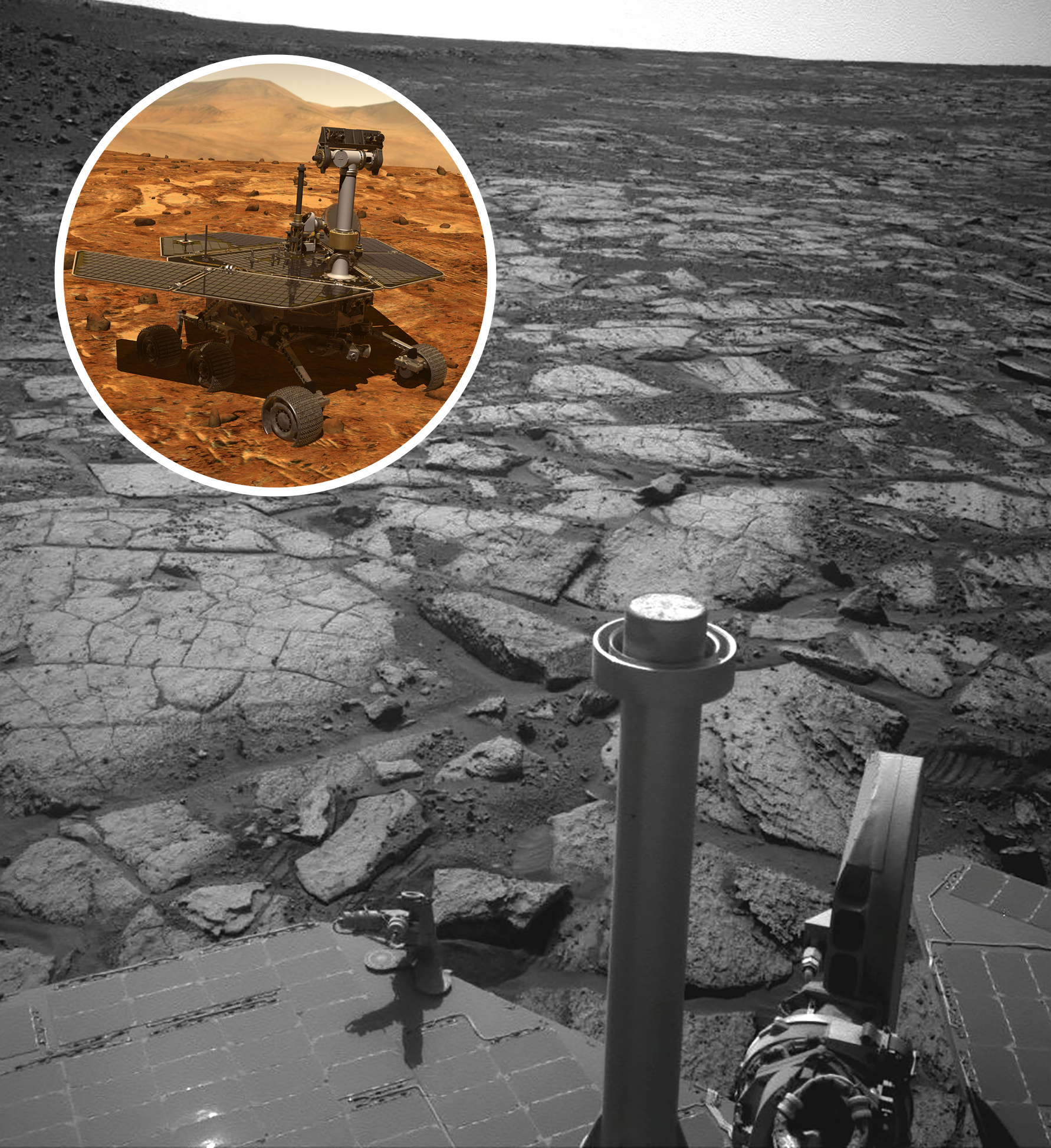 Opportunity’s Nav Camera took this photo on Sol 3391 (NASA/JPL-Caltech), with inset rendering of Opportunity (NASA/JPL-Caltech)