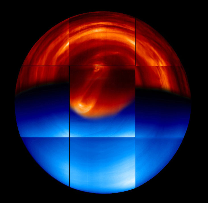 This global view of the southern hemisphere of Venus is a mosaic of images obtained by Venus Express.The night-side hemisphere (in red at the top) shows the lower layers of the cloud deck surrounding the planet at about 45-km altitude. The day-side hemisphere (in blue at the bottom) is made of ultraviolet images showing the cloud top layer at about 65-km altitude. The red part of the central panel shows the double vortex at the south pole, at an altitude of about 60 km, surrounded by a collar of ‘cold’ air. Credit: ESA/VIRTIS-VenusX IASF-INAF, Observatoire de Paris (R.Hueso, Univ. Bilbao)