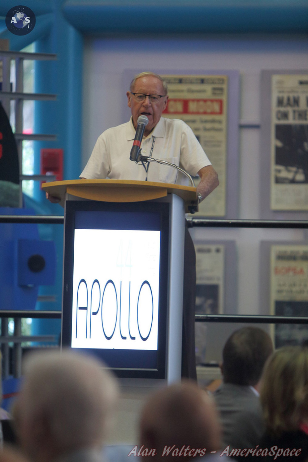 Jack King speaks about the Apollo program to a group at the Saturn V Center located at Kennedy Space Center in Florida. Credit: Alan Walters