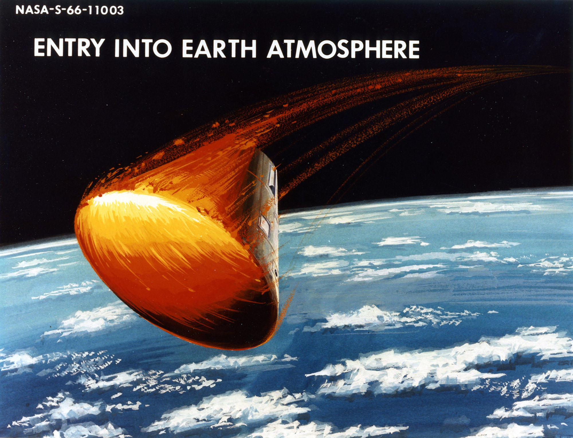 Artist’s rendering of an Apollo Command Module’s fiery re-entry and the eroding away its ablative heat shield. Credit: NASA via Retro Space Images