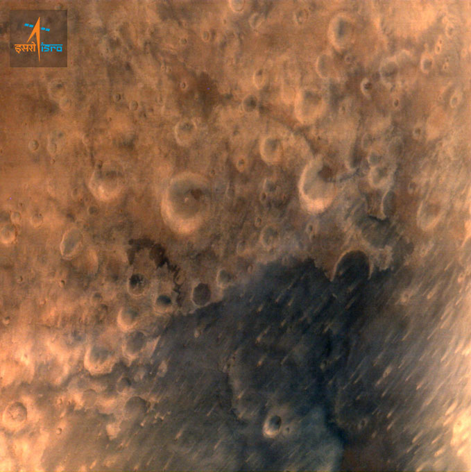 Mars Orbiter Spacecraft captures its first image of Mars. Taken from a height of 7300 km; with 376 m spatial resolution. Credit: ISRO
