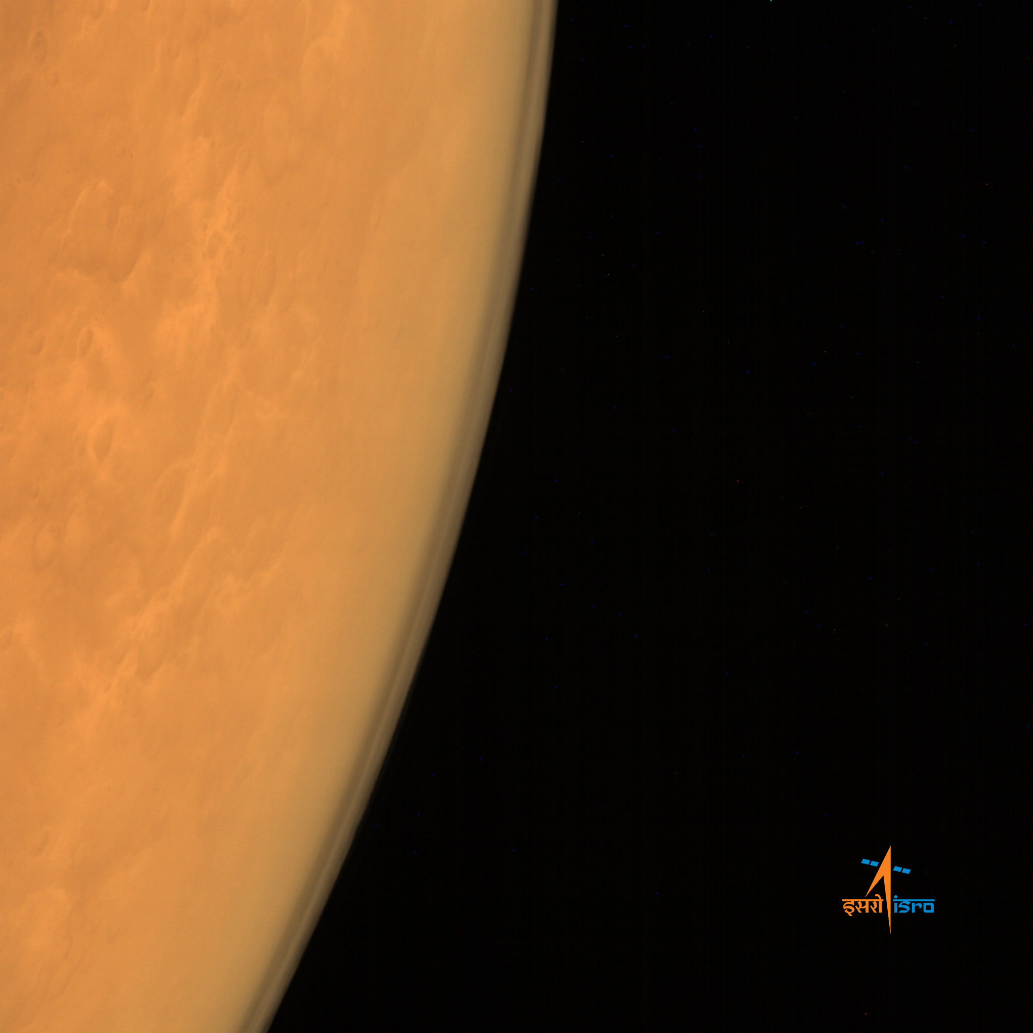 Taken using India’s Mars Color Camera from an altitude of 8449 km, this image has a spatial resolution of 439 m and is centered around Lat: 20.01N, Lon:31.54E. Credit: ISRO