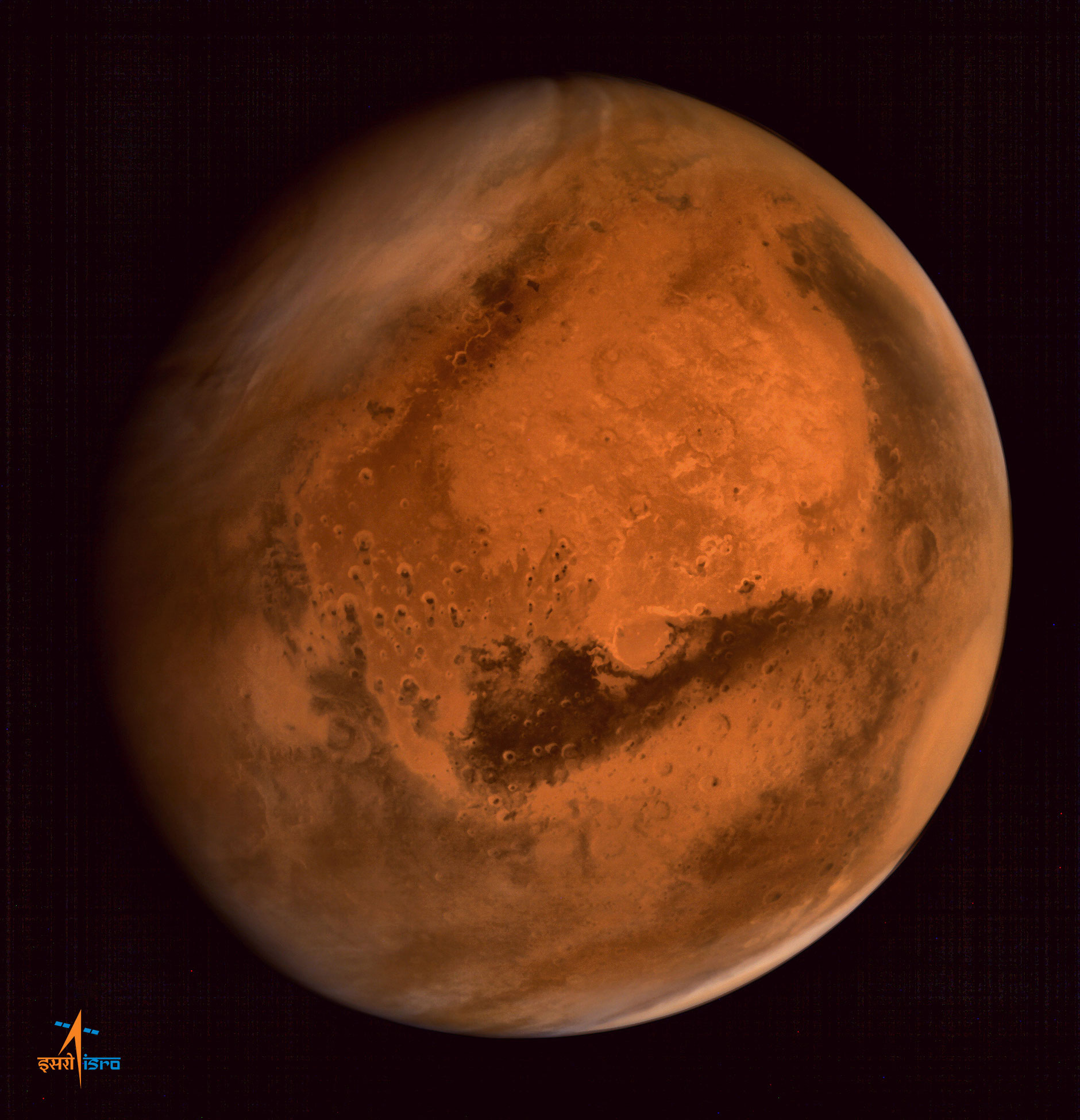 Regional dust storm activities over northern hemisphere of Mars - captured by the ISRO’s Mars Orbiter Mission. The image was taken from an altitude of 74500 km from the surface of Mars. Credit: ISRO