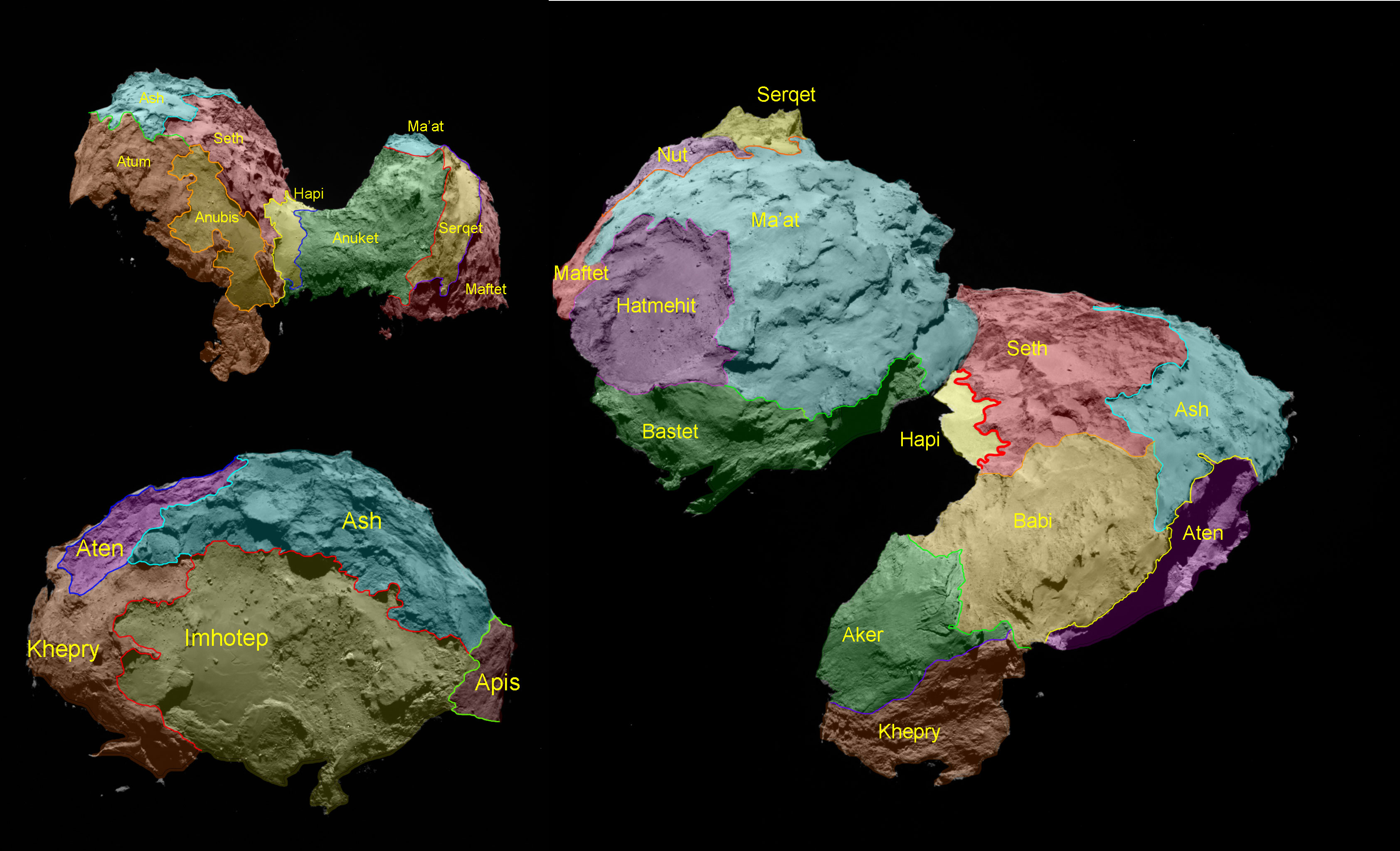 The 19 regions identified on Comet 67P/Churyumov–Gerasimenko are separated by distinct geomorphological boundaries. Following the ancient Egyptian theme of the Rosetta mission, they are named for Egyptian deities. Credit: ESA/Rosetta/MPS for OSIRIS Team MPS/UPD/LAM/IAA/SSO/INTA/UPM/DASP/IDA