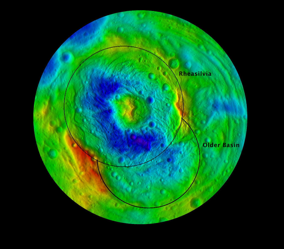 False colour image showing the relief of Vesta’s south polar region and the giant Rheasilvia impact basin with its central peak. Blue areas represent lower elevation, while yellow and red areas show the highest elevations. Credit: NASA/JPL-Caltech/ UCLA/MPS/DLR/IDA