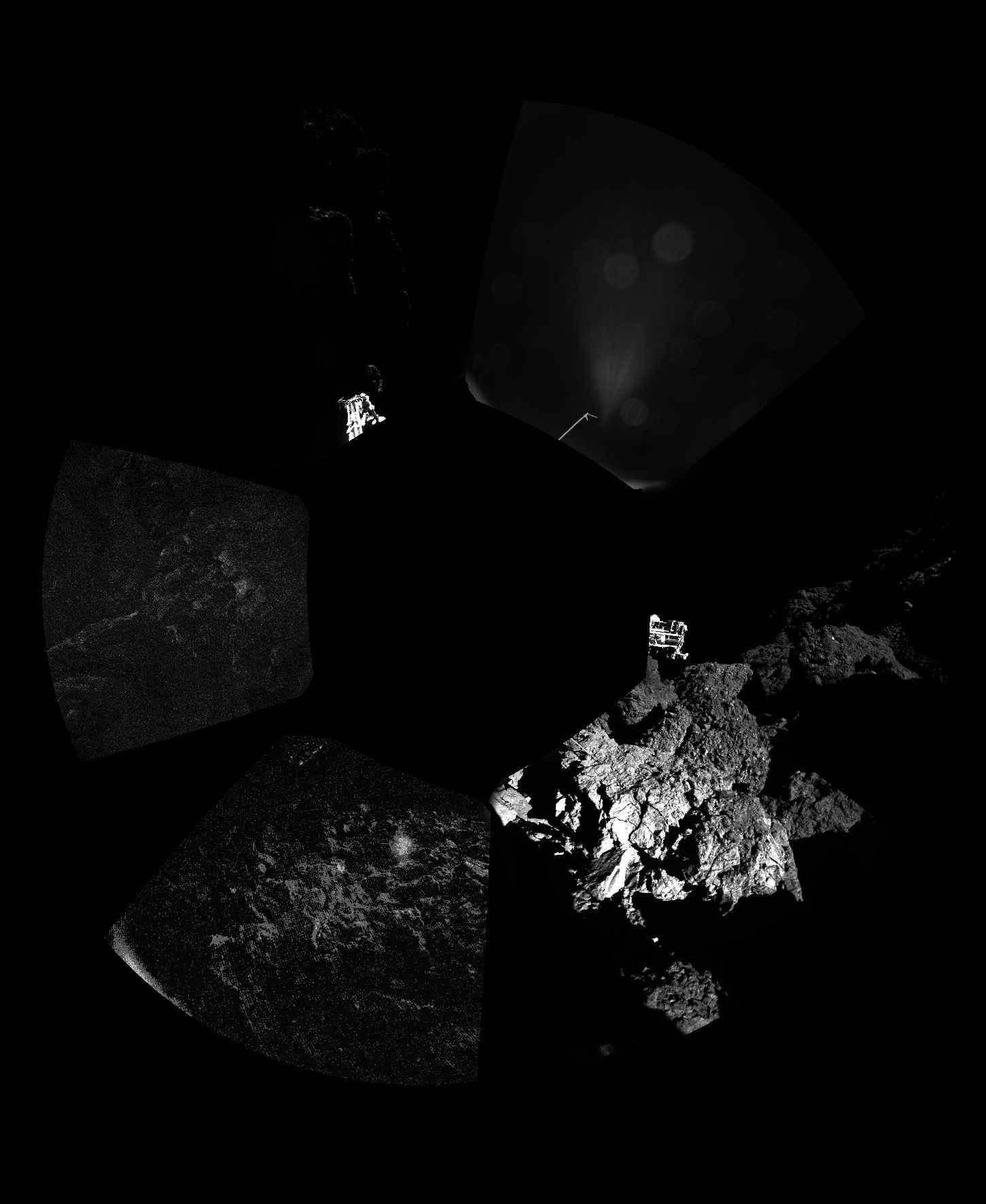 Rosetta’s lander Philae has returned the first panoramic image (above) from the surface of a comet. The unprocessed view shows a 360º view around the point of final touchdown. The three feet of Philae’s landing gear can be seen in some of the frames. Credit: ESA/Rosetta/Philae/CIVA