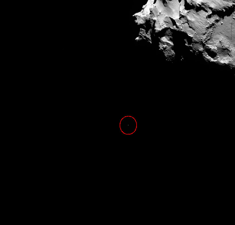 This OSIRIS wide-angle camera image shows the position of Rosetta’s lander Philae (circled) at 14:19:22 GMT (onboard spacecraft time). Credit: ESA/Rosetta/MPS for OSIRIS Team MPS/UPD/LAM/IAA/SSO/INTA/UPM/DASP/IDA