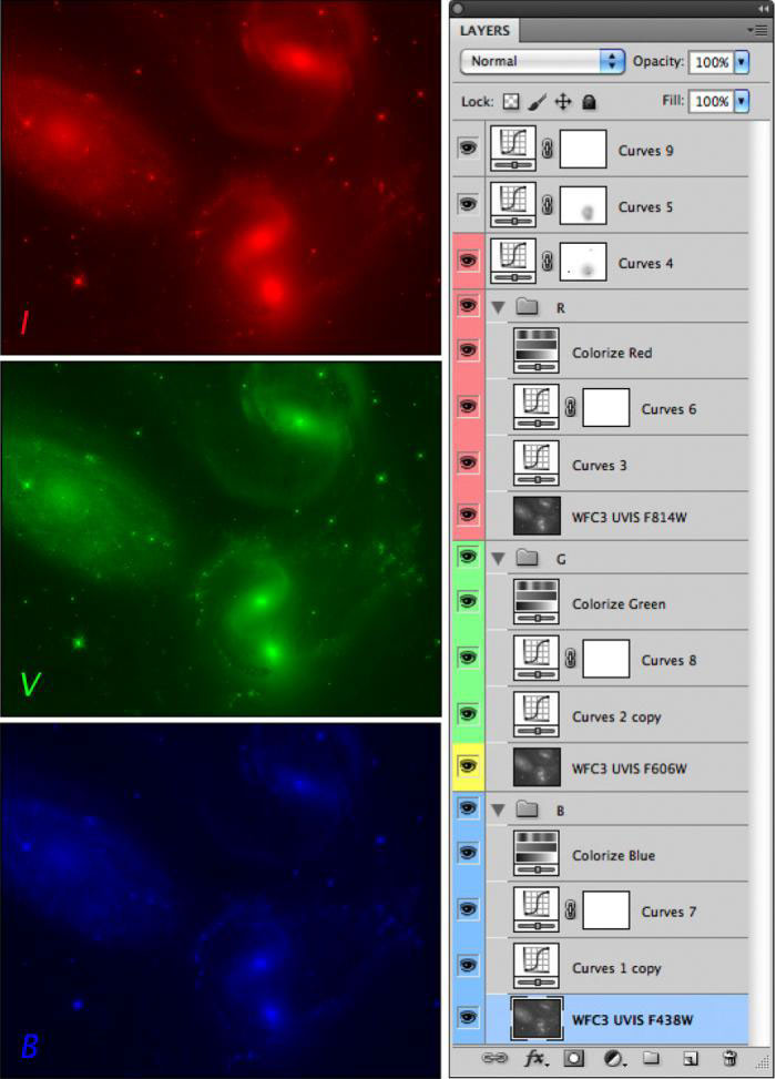 Photoshop layers palette representing separate image layers for each filter dataset as the first set of images, as well as adjustment layers to change the brightness profile for each layer and apply hue to each filter layer. Additional curves adjustments apply to the composited image. Credit: STScI, OPO, Zolt Levay