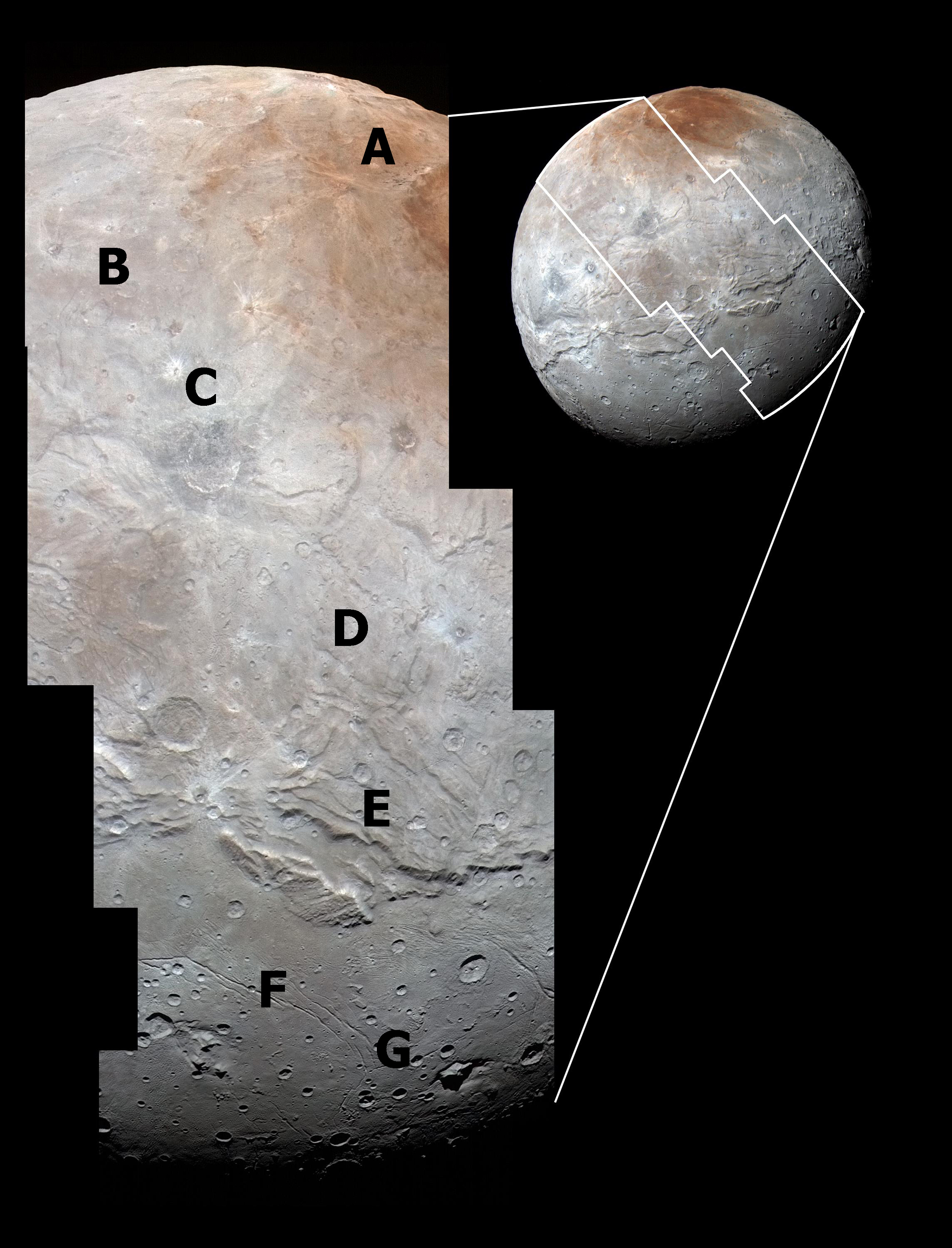 Figure 18: An enhanced-colour image of Charon’s spectacular and intriguing landscapes. The letters refer to features described in this article. Credit: NASA/JHUAPL/SwRI