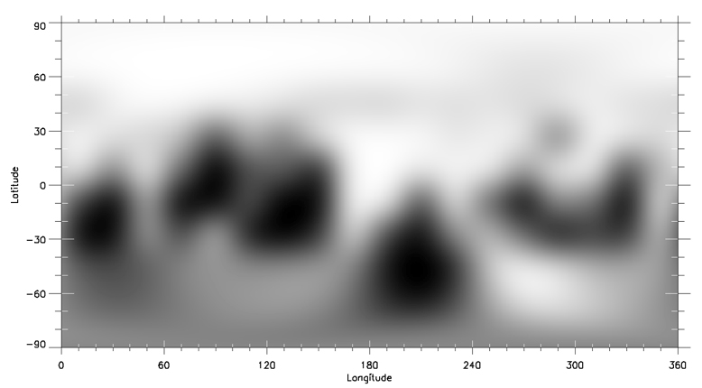 Figure 4 (a): An example of the best pre-flyby maps of Pluto, made from images from the Hubble Space Telescope in 2002 and 2003, showing contrasts in albedo. The target hemisphere was that centred on the equator and a longitude of 180°, the location of the bright feature named Sputnik Planum after encounter. Credit: NASA/JHUAPL/SwRI/Marc Buie