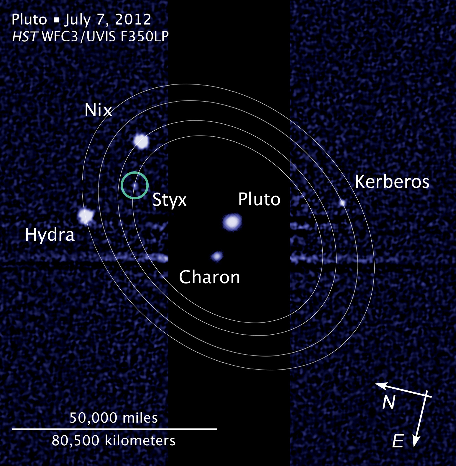 Figure 5: Discovery image of Pluto’s tiny moon Styx in 2012, overlaid with orbits of the satellite system, which gave cause for concern to the Pluto Encounter Planning (PEP) Team. Credit: NASA/ESA/L. Frattare (STScI)