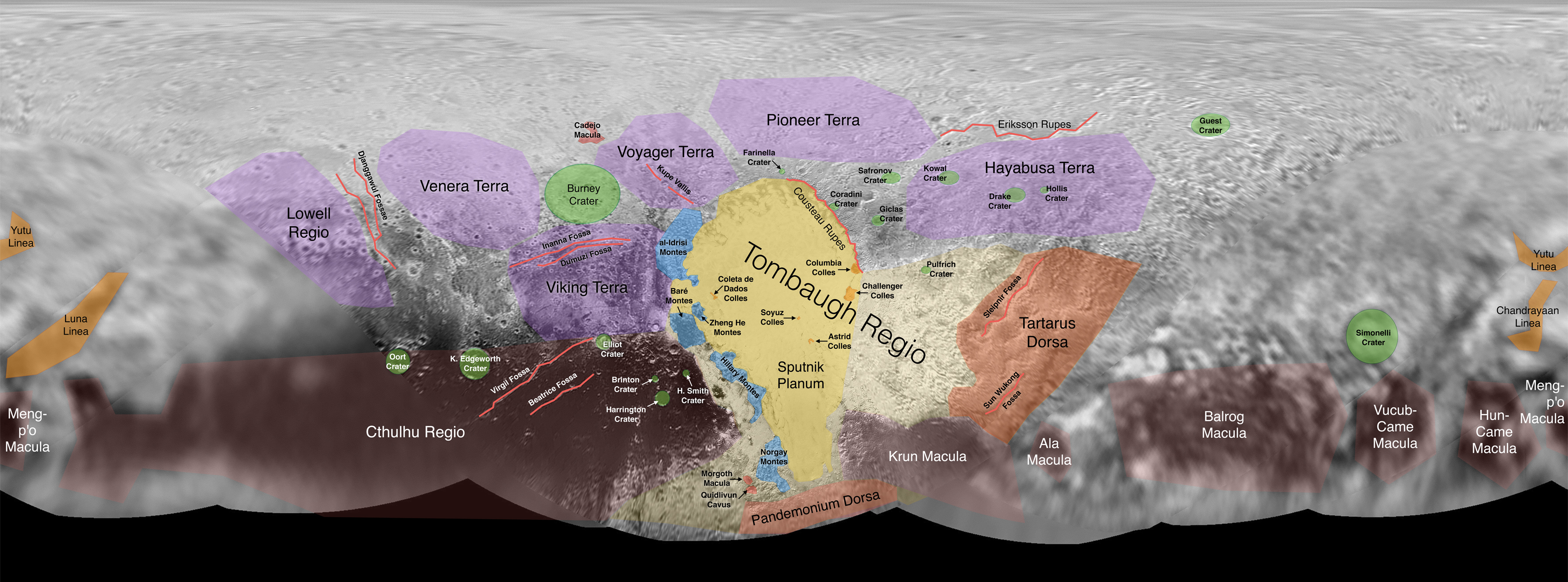 Figure 6: Informal names for regions on Pluto, based on a public naming campaign endorsed by the IAU, in partnership with NASA’s New Horizons mission and the SETI Institute. Credit: NASA/JHUAPL/SwRI/SETI Institute