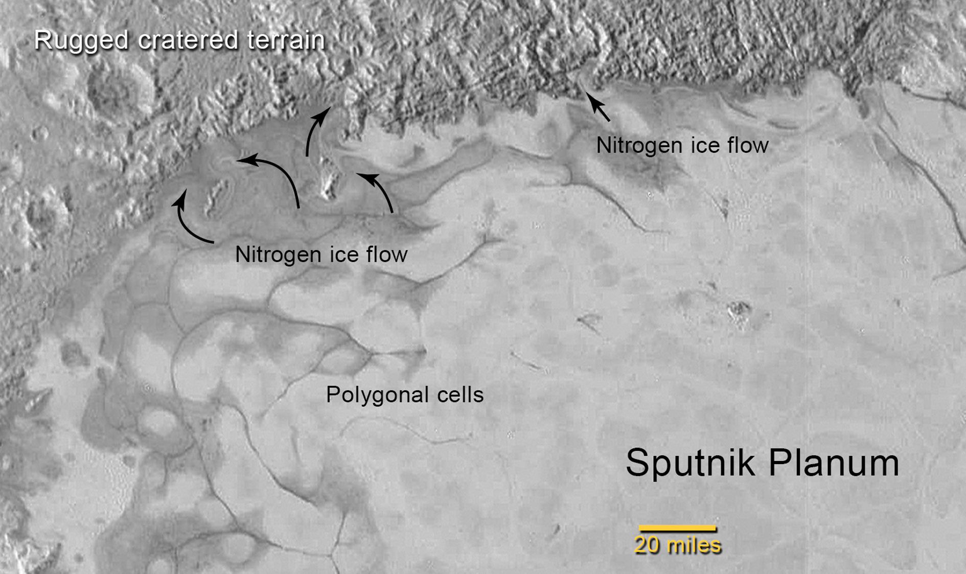Figure 7: Polygonal cells and glacial flow on the northern margins of Sputnik Planum. Credit: NASA/JHUAPL/SwRI