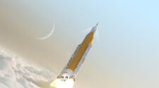 illustration of SLS rocket soaring above clouds