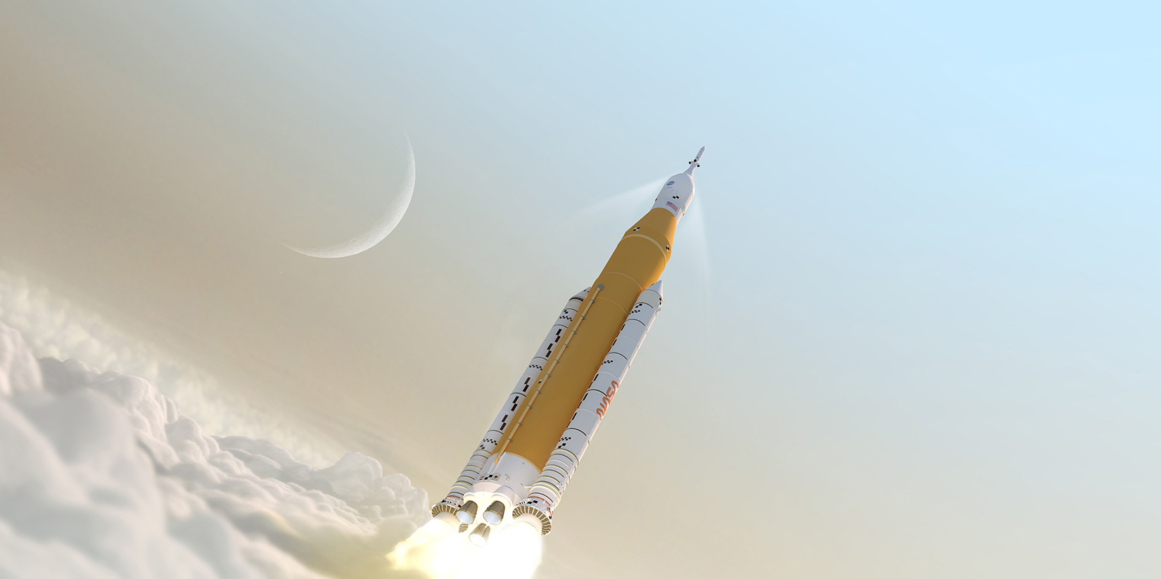 illustration of SLS rocket soaring above clouds