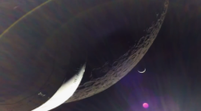 Orion spacecraft with Moon closeup and crescent Earth in distance
