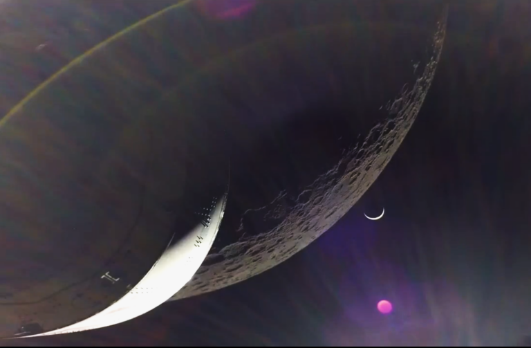 Orion spacecraft with Moon closeup and crescent Earth in distance